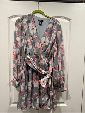 Express Gray Floral Wrap Dress with Pink Blooms